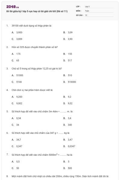 Đề thi giữa kỳ I lớp 5 cực hay có lời giải chi tiết (Đề số 11)