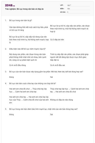 Trắc nghiệm: Bố cục trong văn bản có đáp án