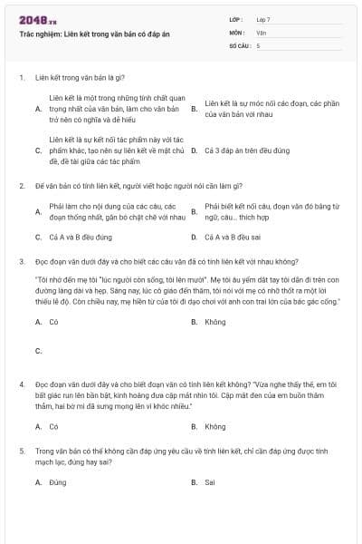Trắc nghiệm: Liên kết trong văn bản có đáp án