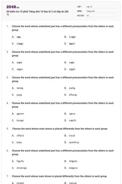 Đề kiểm tra 15 phút Tiếng Anh 10 Học kì 2 có đáp án (Đề 1)