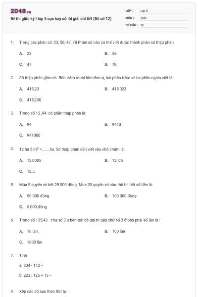 Đề thi giữa kỳ I lớp 5 cực hay có lời giải chi tiết (Đề số 12)