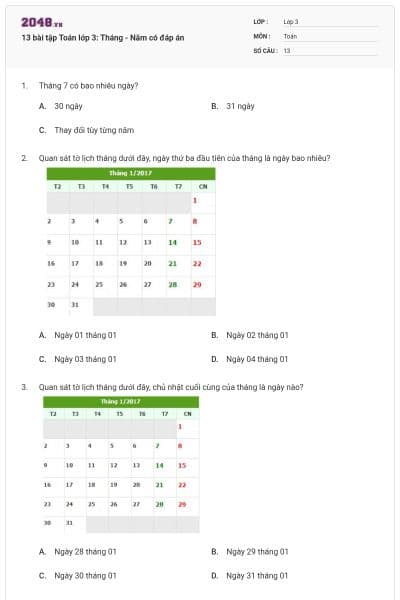 13 bài tập Toán lớp 3: Tháng - Năm có đáp án
