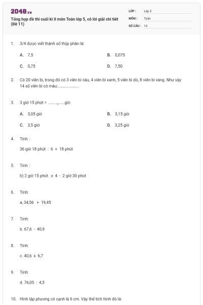 Tổng hợp đề thi cuối kì II môn Toán lớp 5, có lời giải chi tiết (Đề 11)