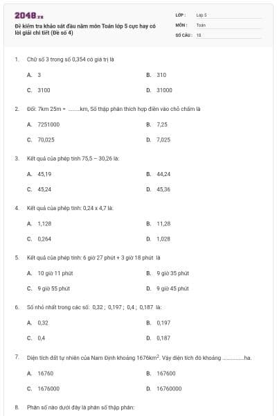 Đề kiểm tra khảo sát đầu năm môn Toán lớp 5 cực hay có lời giải chi tiết (Đề số 4)