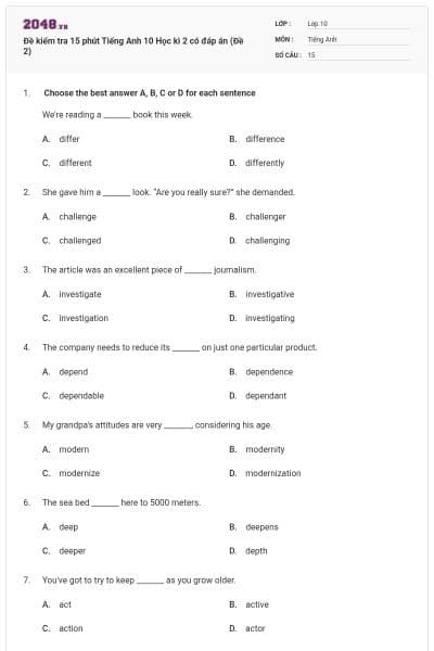 Đề kiểm tra 15 phút Tiếng Anh 10 Học kì 2 có đáp án (Đề 2)