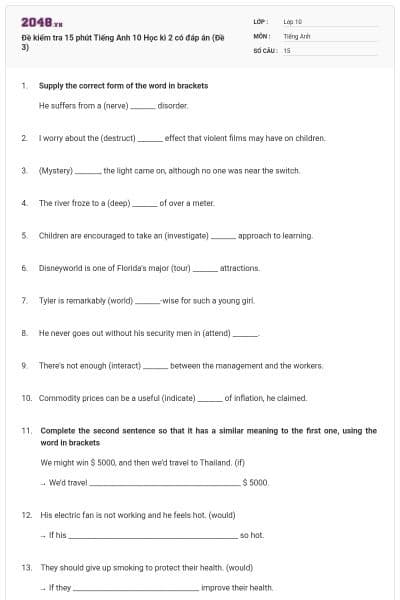 Đề kiểm tra 15 phút Tiếng Anh 10 Học kì 2 có đáp án (Đề 3)
