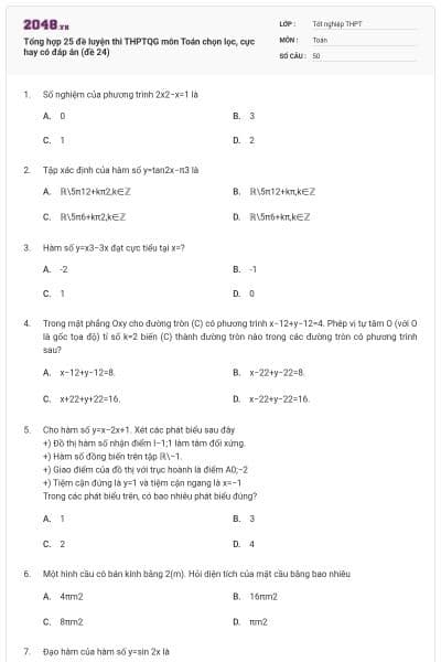 Tổng hợp 25 đề luyện thi THPTQG môn Toán chọn lọc, cực hay có đáp án (đề 24)