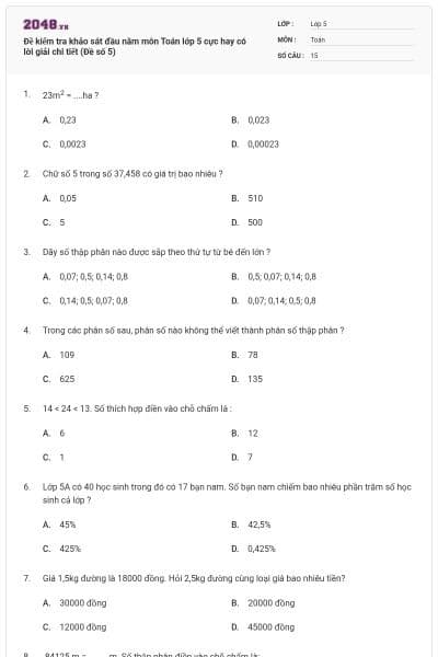 Đề kiểm tra khảo sát đầu năm môn Toán lớp 5 cực hay có lời giải chi tiết (Đề số 5)