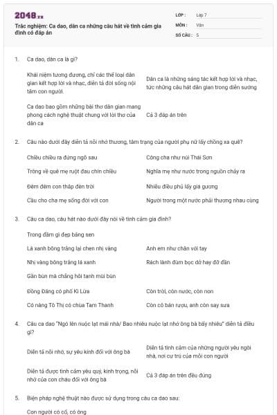 Trắc nghiệm: Ca dao, dân ca những câu hát về tình cảm gia đình có đáp án