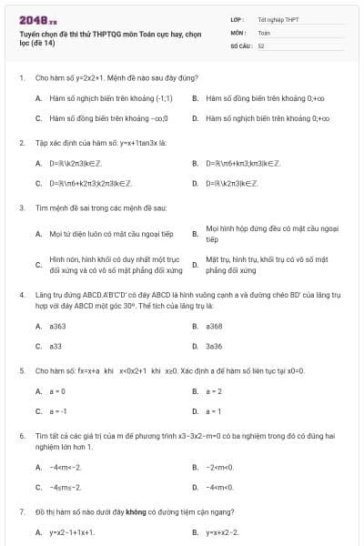 Tuyển chọn đề thi thử THPTQG môn Toán cực hay, chọn lọc (đề 14)