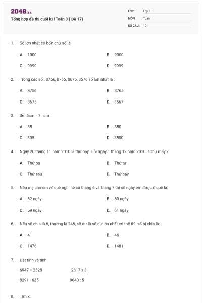 Tổng hợp đề thi cuối kì I Toán 3 ( Đề 17)