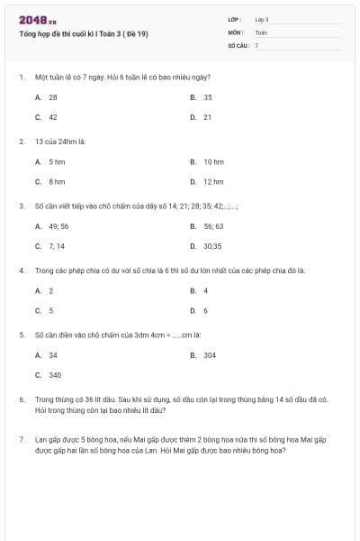 Tổng hợp đề thi cuối kì I Toán 3 ( Đề 19)