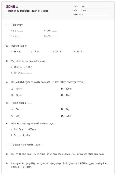 Tổng hợp đề thi cuối kì I Toán 3 ( Đề 20)