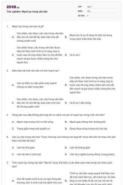 Trắc nghiệm: Mạch lạc trong văn bản