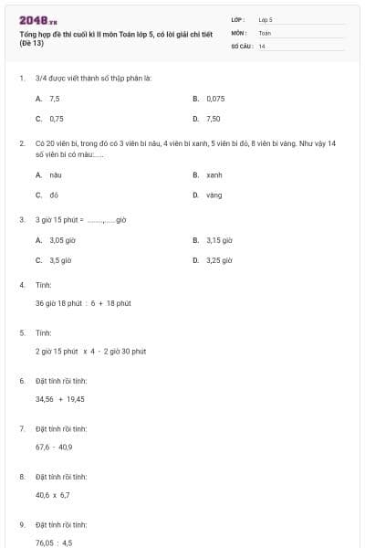 Tổng hợp đề thi cuối kì II môn Toán lớp 5, có lời giải chi tiết (Đề 13)