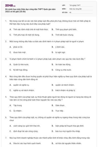 Đề minh họa môn Giáo dục công dân THPT Quốc gia năm 2022 có lời giải (20 đề)