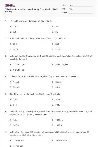 Tổng hợp đề thi cuối kì II môn Toán lớp 5, có lời giải chi tiết (Đề 14)