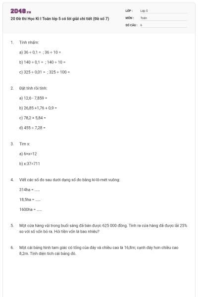 20 Đề thi Học Kì I Toán lớp 5 có lời giải chi tiết (Đề số 7)
