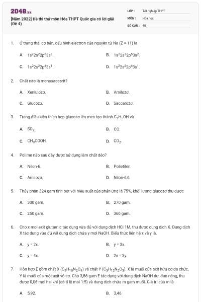 [Năm 2022] Đề thi thử môn Hóa THPT Quốc gia có lời giải (Đề 4)