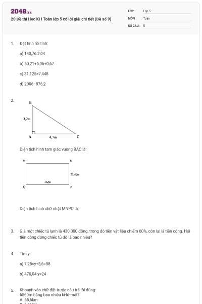 20 Đề thi Học Kì I Toán lớp 5 có lời giải chi tiết (Đề số 9)