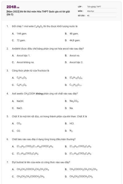 [Năm 2022] Đề thi thử môn Hóa THPT Quốc gia có lời giải (Đề 5)
