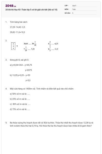 20 Đề thi Học Kì I Toán lớp 5 có lời giải chi tiết (Đề số 10)