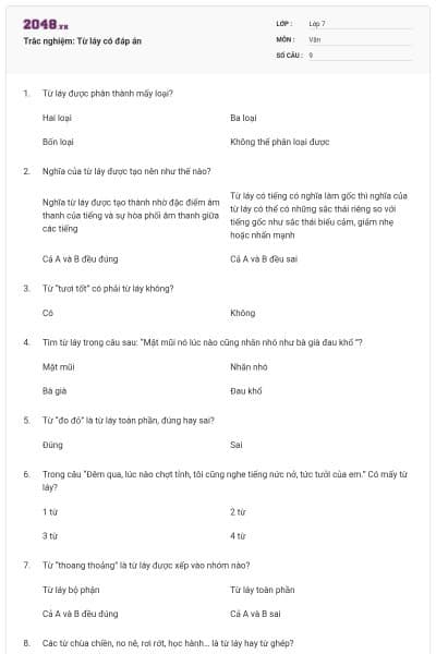 Trắc nghiệm: Từ láy có đáp án