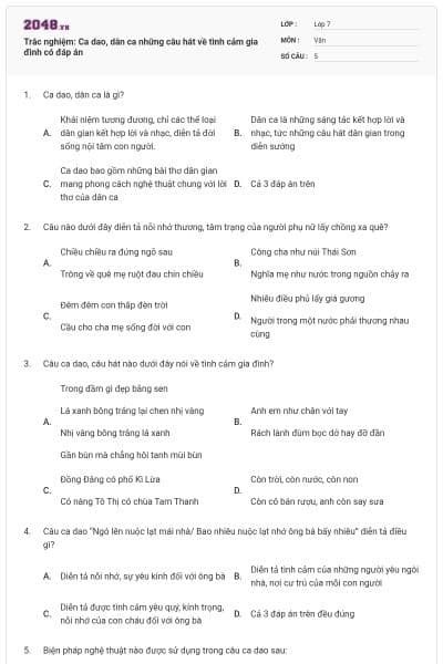 Trắc nghiệm: Ca dao, dân ca những câu hát về tình cảm gia đình có đáp án