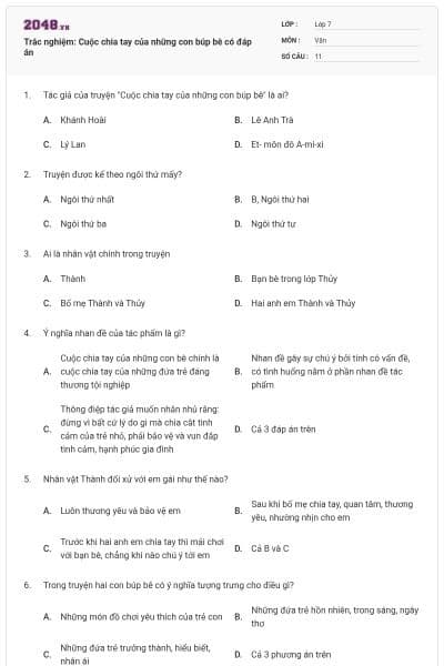 Trắc nghiệm: Cuộc chia tay của những con búp bê có đáp án