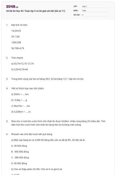 20 Đề thi Học Kì I Toán lớp 5 có lời giải chi tiết (Đề số 11)