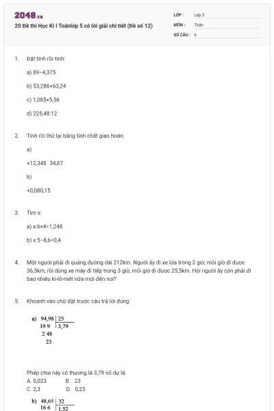 20 Đề thi Học Kì I Toánlớp 5 có lời giải chi tiết (Đề số 12)