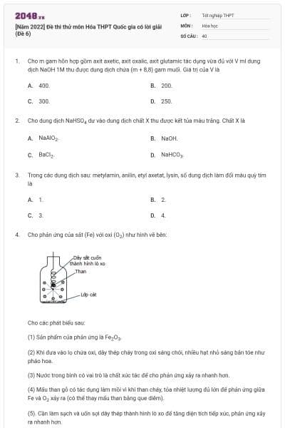 [Năm 2022] Đề thi thử môn Hóa THPT Quốc gia có lời giải (Đề 6)