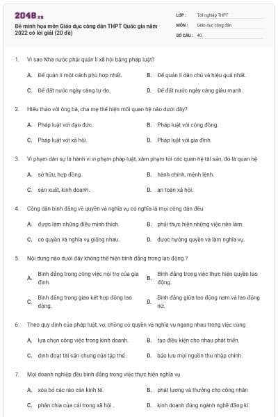 Đề minh họa môn Giáo dục công dân THPT Quốc gia năm 2022 có lời giải (20 đề)