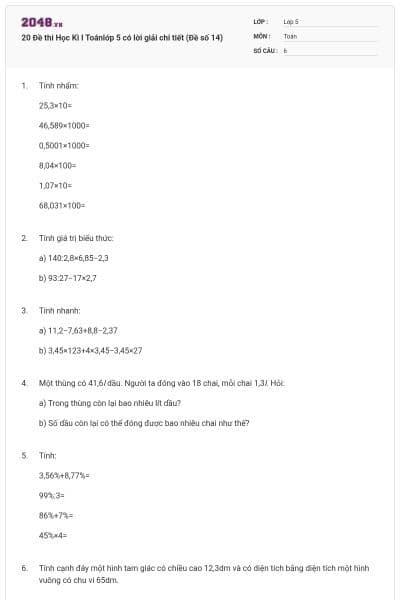 20 Đề thi Học Kì I Toánlớp 5 có lời giải chi tiết (Đề số 14)