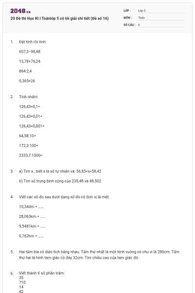 20 Đề thi Học Kì I Toánlớp 5 có lời giải chi tiết (Đề số 16)