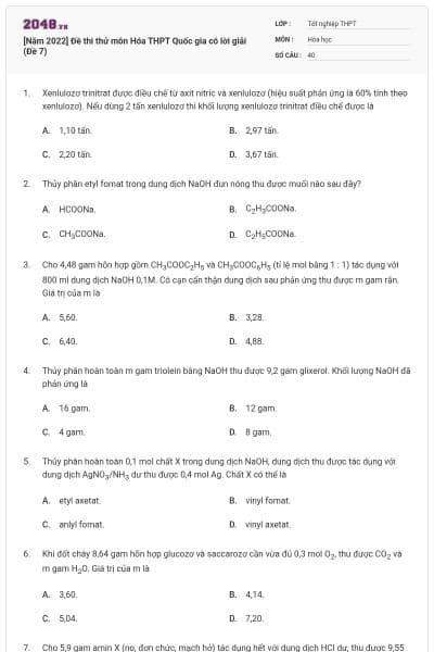 [Năm 2022] Đề thi thử môn Hóa THPT Quốc gia có lời giải (Đề 7)