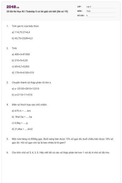 20 Đề thi Học Kì I Toánlớp 5 có lời giải chi tiết (Đề số 19)
