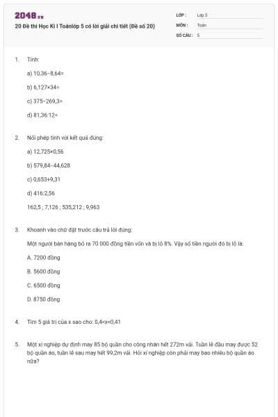 20 Đề thi Học Kì I Toánlớp 5 có lời giải chi tiết (Đề số 20)