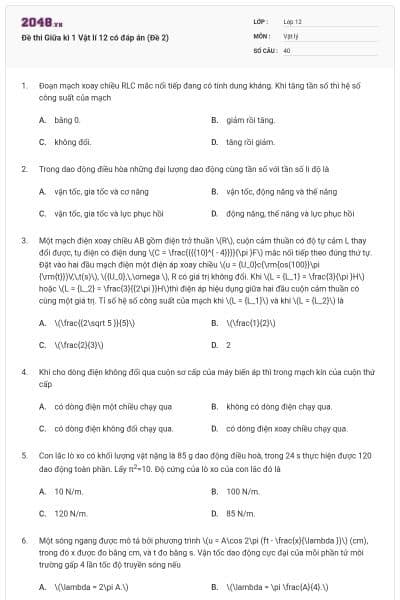 Đề thi Giữa kì 1 Vật lí 12 có đáp án (Đề 2)