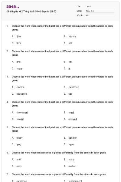 Đề thi giữa kì 2 Tiếng Anh 10 có đáp án (Đề 5)