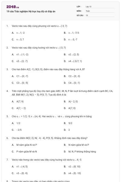 19 câu Trắc nghiệm Hệ trục toạ độ có đáp án