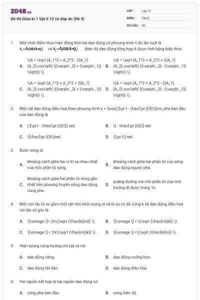 Đề thi Giữa kì 1 Vật lí 12 có đáp án (Đề 4)