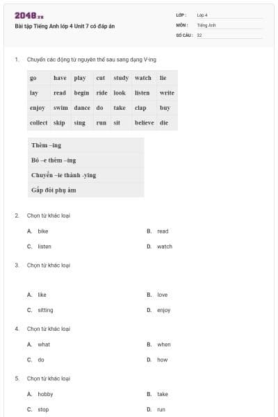 Bài tập Tiếng Anh lớp 4 Unit 7 có đáp án