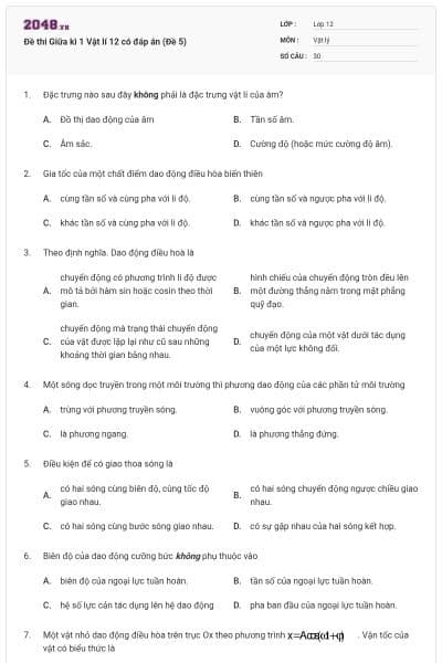Đề thi Giữa kì 1 Vật lí 12 có đáp án (Đề 5)