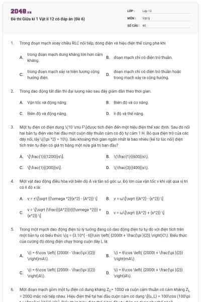 Đề thi Giữa kì 1 Vật lí 12 có đáp án (Đề 6)