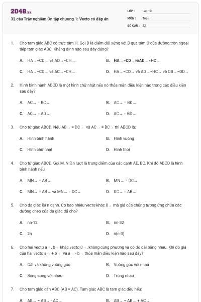 32 câu Trắc nghiệm Ôn tập chương 1: Vecto có đáp án