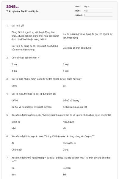 Trắc nghiệm: Đại từ có đáp án