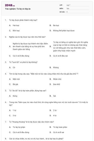 Trắc nghiệm: Từ láy có đáp án