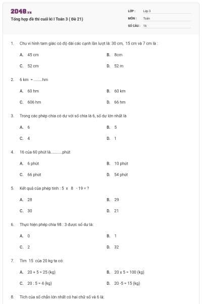 Tổng hợp đề thi cuối kì I Toán 3 ( Đề 21)