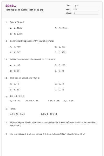 Tổng hợp đề thi cuối kì I Toán 3 ( Đề 24)